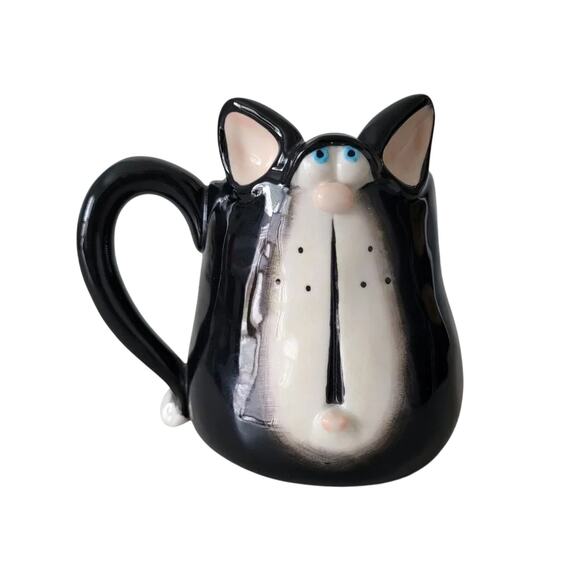 Stylized Cat Ceramic Mug Black Cream Figural Coffee Cup Cat Lover Collectible - Picture 1 of 8
